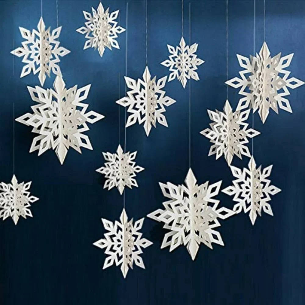 24pcs Winter frozen Hanging Snowflake Decor, 12PCS Garland & 12PCS 3D silver